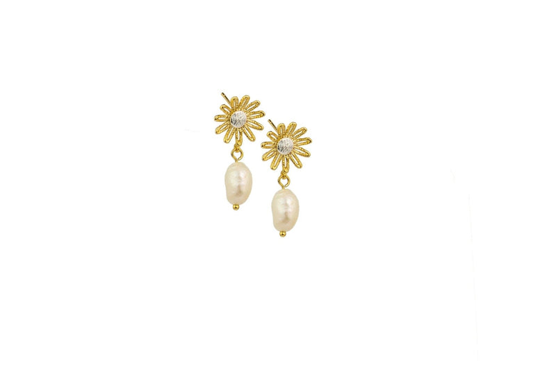 Gold Daisy and Pearl Earrings