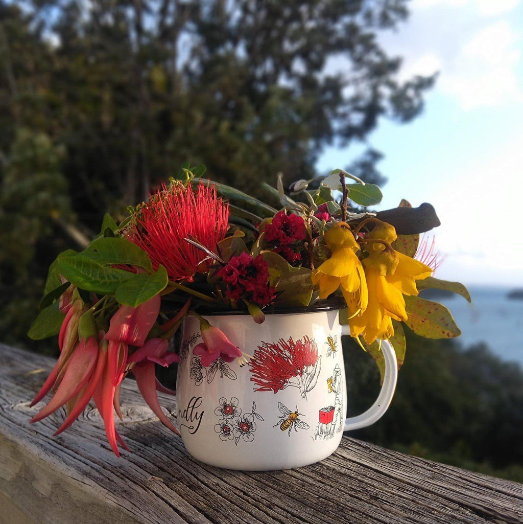 Tanya Wolfkamp enamel mug - Bee Friendly Flowers