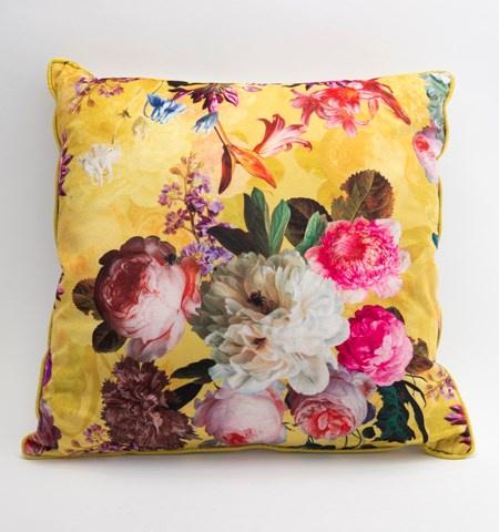 Velvet Cushion - Yellow Botanical