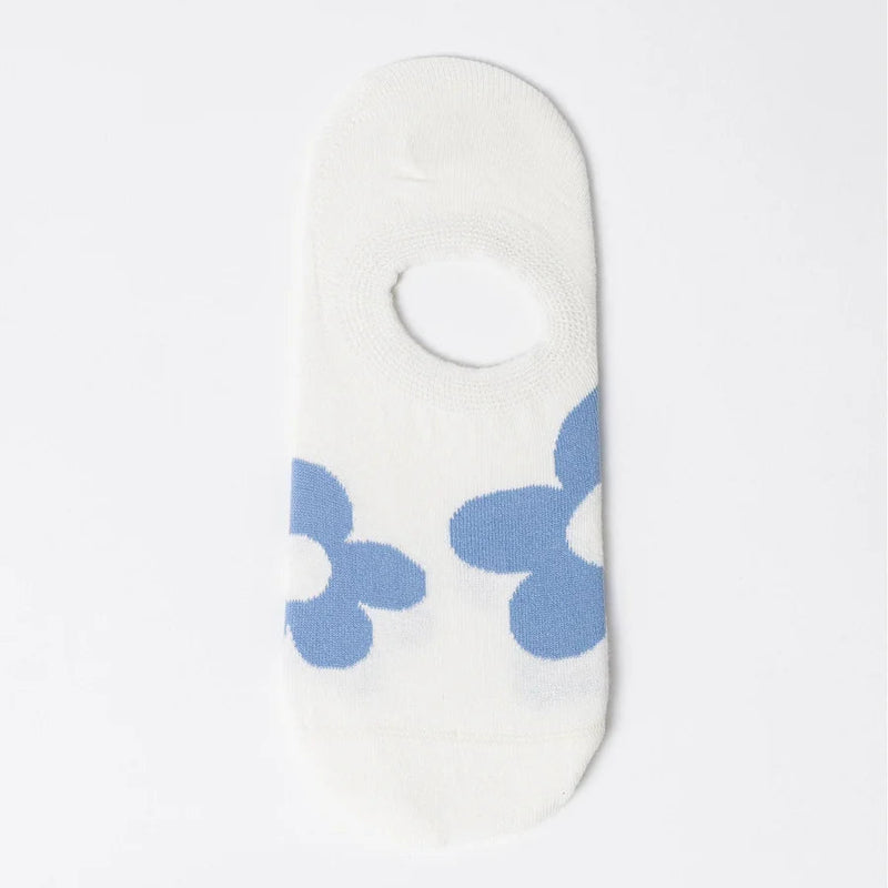 S + G No Show Socks - White With Blue Flower