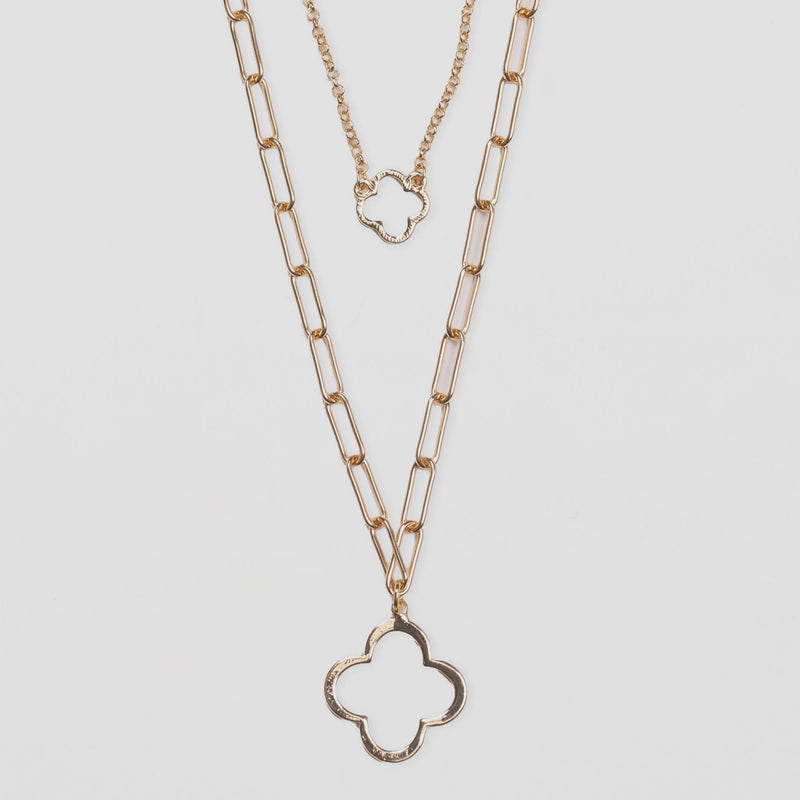 Double Chain Flower Cut out Necklace - Gold