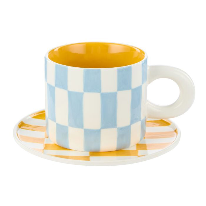 Check Mug & Plate Set - Blue & Yellow