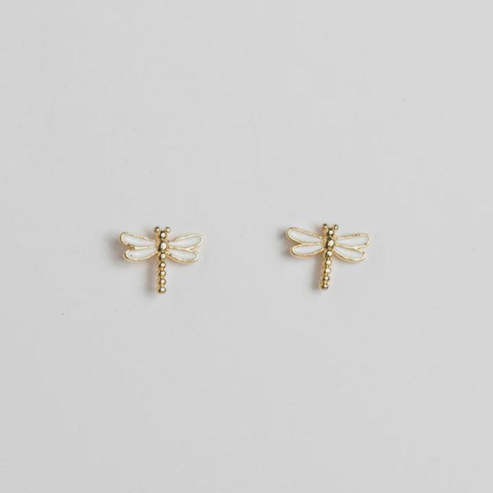 Dragonfly Earrings - Gold w/ White