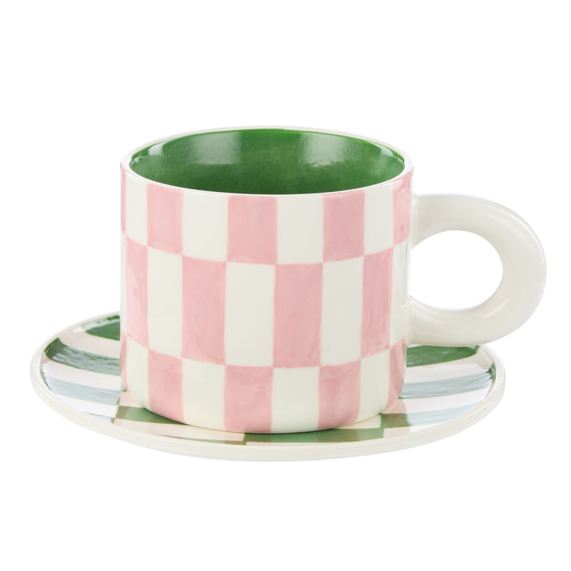 Check Mug & Plate Set - Pink & Green
