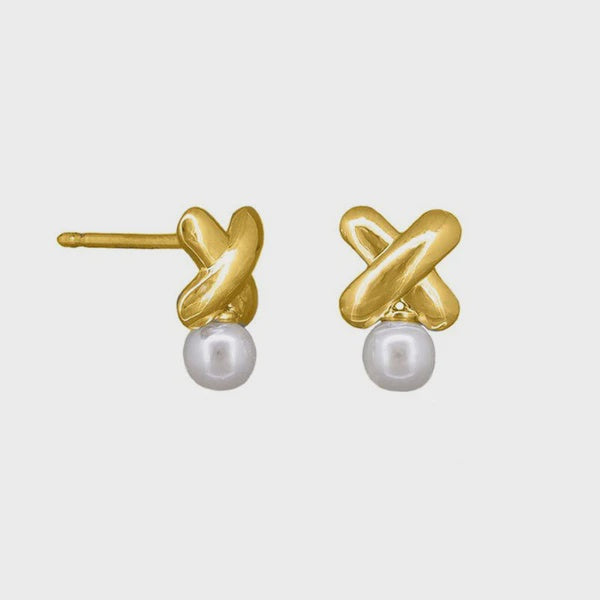 Gold Criss Cross Pearl Earrings