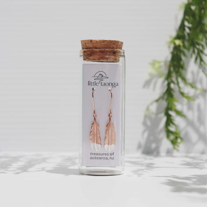 Huia Feather Pendant Earrings- Rose Gold Jewellery Little Taonga 