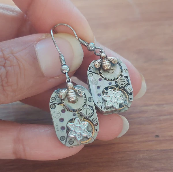 Rectangle Timepiece Earrings w Tiny Bee and Flower