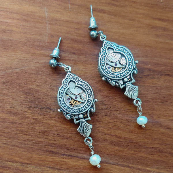 Silver Ornate Teardrop Earrings w Freshwater Pearl Drop