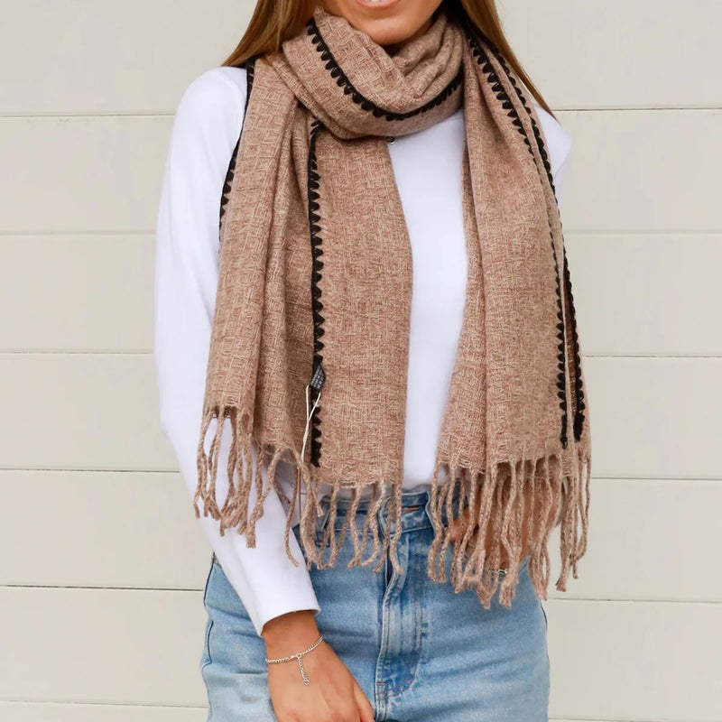 Winter Scarf - Latte with Black Stitching