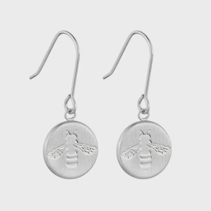 Round Busy Bee Pendant Earring - Silver