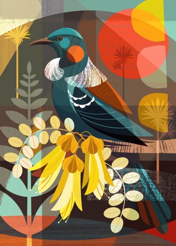 NZ Tui and Kowhai Flowers - Ellen Giggenbach